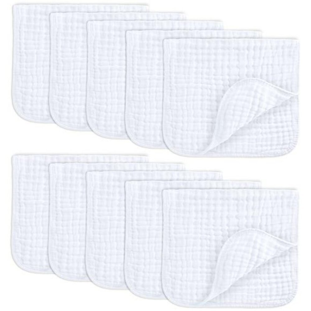 Comfy Cubs Muslin Baby Burp Cloths Pack 10 Large 6 Layer Soft Cotton White